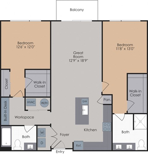 Floor plan for 2 beds, 2 baths, 1353 sqft